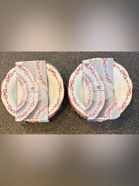 4 New Eaton Fine Dining White Deep Pasta Bowl Plates w/ Red Ribbon Border & Trim